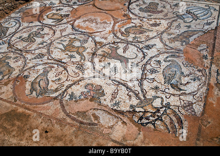 Figurative alten Boden Mosaik Darstellung Vögel und Tiere in Caesarea Nationalpark Israel Stockfoto