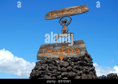 Ortseingangsschild, Nationalpark Timanfaya, Lanzarote, Kanarische Inseln, Spanien Stockfoto