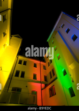 Gebäude aussteigen bei Södra Storgatan 37 während der Helsingborg Liebe & Light Show. Stockfoto