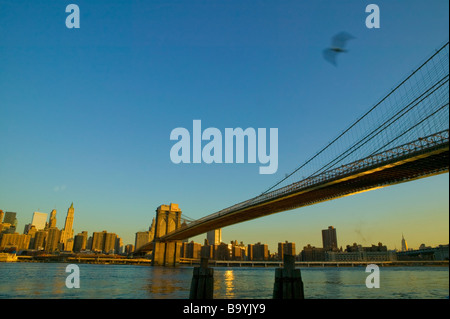 Sonnenaufgang über der Brooklyn Bridge und Lower Manhattan Stockfoto