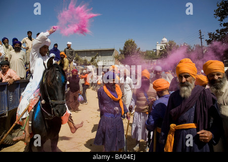 Ein junger Nihang/Akali/Sikh auf Pferd wirft Farbe/gulal in der Luft während Holla Mohalla Festivals bei Anandpur Saheb, Punjab, Indien Stockfoto