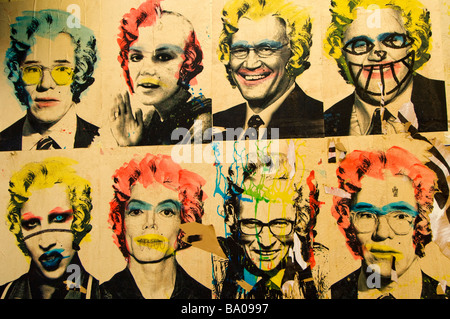 Warhol wie Xerox Fotos von Prominenten (einschließlich Andy Warhol) imitieren Siebdruck Kunst an der Wand im Quartier Latin von Paris Stockfoto