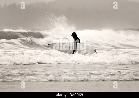 Ein Surfer-Spaziergänge in die Wellen Chestermans Beach in der Nähe von Tofino auf Vancouver Island, British Columbia, Kanada. Stockfoto