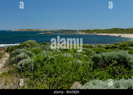 Western Australien Cape Leeuwin Bucht Vordergrund Macchia-Vegetation und Leuchtturm Stockfoto