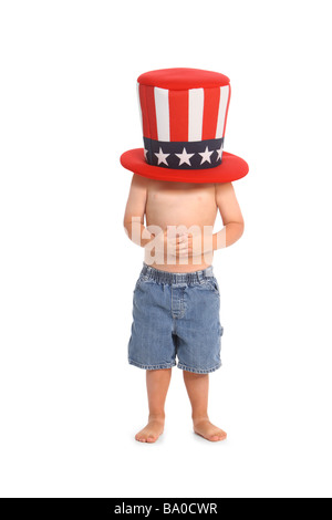 Kind mit Uncle Sam Hut über Kopf Stockfoto