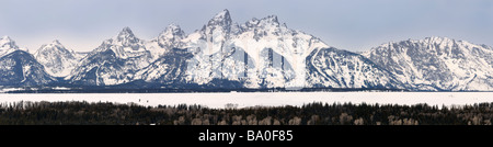 Panorama der Grand Teton Gipfel im Winter von Teton punkt Wahlbeteiligung Jackson Hole, Wyoming Stockfoto