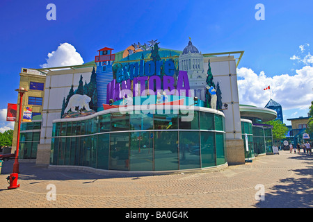 Erkunden Sie Manitoba Zeichen auf das Besucherzentrum Services in The Forks - eine National Historic Site, Stadt von Winnipeg, Manitoba, Kanada. Stockfoto