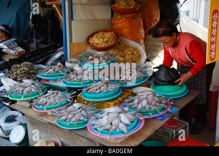 Eine alte koreanische Frau Verkauf von gebratenen Fischen im alten Fisch Markt Teil der Stadt Busan Stockfoto