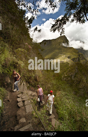 PERU MACHU PICCHU JD Klettersteig an die Spitze des Huayna Picchu mit Blick auf Machu Picchu im Hintergrund Stockfoto