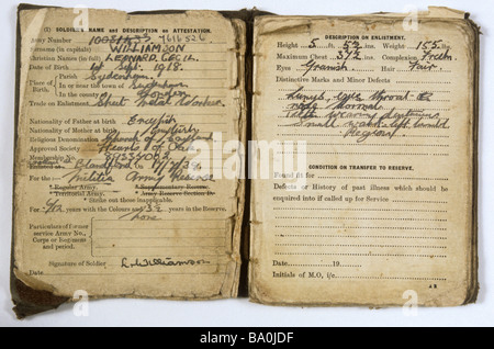 Die 1939 Eintragung Rekord von Len Williamson in die britische Armee-Miliz-Reserve. Len Williamson schrieb später "Sechs Jahre verschwendet". Stockfoto