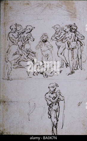 Figürliche Studien für die Anbetung der Heiligen drei Könige Joseph von Leonardo da Vinci 1481 Feder und Tinte über Metallspitze Stockfoto