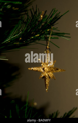 Nahaufnahme von einem glänzenden, glitzernden gold Weihnachtsstern hängen an einem Weihnachtsbaum Zweig Stockfoto