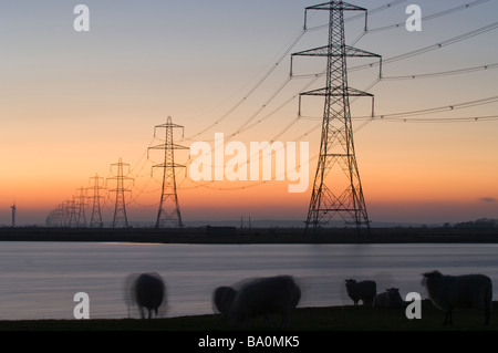 Windkraftanlagen und Strommasten und Linien Romney Marsh Kent UK Stockfoto