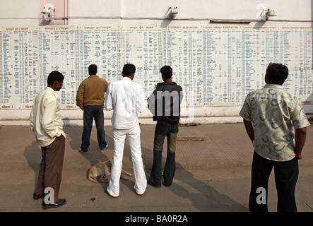 Reisende am Bahnhof New Delhi inspizieren den Zeitplan. Stockfoto