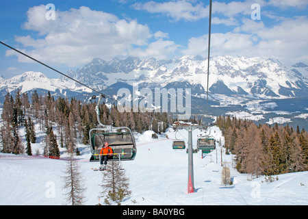 Panorama Blick auf den Dachstein Mountain aus Reiteralm, Alpen, Steiermark, Österreich Stockfoto