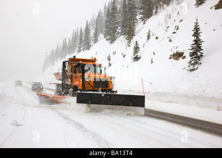 Pflug, clearing-Highway 50 über Monarch Pass, Colorado, in einem Schneesturm Stockfoto