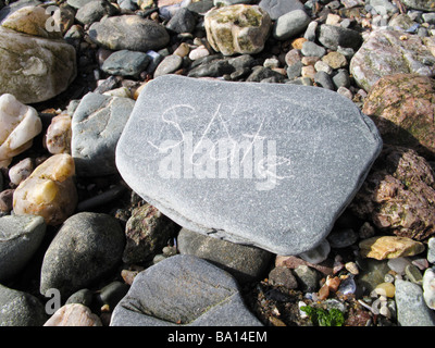 Kleines Stück Schiefer mit dem Wort Schiefer gekratzt hinein Stockfoto