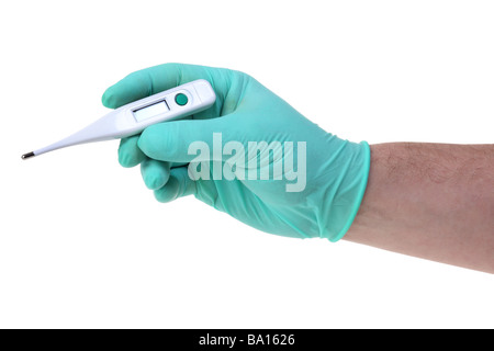 Hand mit Thermometer Ausschnitt auf weißem Hintergrund Stockfoto