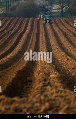 Traktoren arbeiten in einen Acker in der Landschaft von Suffolk, England. Stockfoto