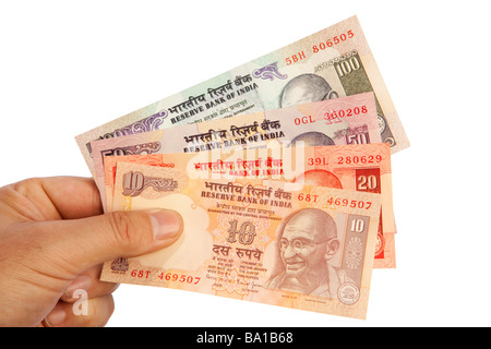 Geld männliche Hand, die Handvoll indische Währung Stockfoto