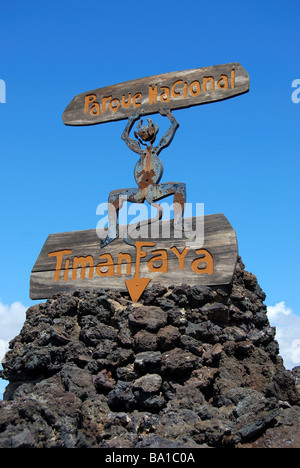 Ortseingangsschild, Nationalpark Timanfaya, Lanzarote, Kanarische Inseln, Spanien Stockfoto