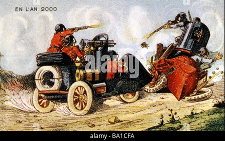 Zukunft, Vision "Im Jahr 2000", Krieg mit Autos, Farblithograph, Frankreich, 1910, Stockfoto