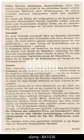 Geografie/Reisen, Deutschland, Ostdeutschland, Dokumente, Bedingungen für den Eintritt in die Deutsche Demokratische Republik vom 1.7.1967, Stockfoto