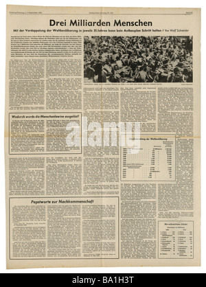 Presse/Medien, Zeitschriften, "Süddeutsche Zeitung", München, 17 Band, Nummer 210, Samstag/Sonntag 2. / 3.9.1961, Artikel, Wachstum der Weltbevölkerung, Stockfoto