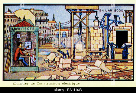 Zukunft, Vision "Im Jahr 2000", 'Eletrified Construction Site', Farblithograph, Frankreich, 1910, Stockfoto