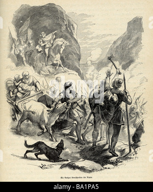 Alte Welt, Migrationszeit, "Die Goten durchqueren die Alpen", ca. 400, Holzgravur, Johannes Scherr "Germania", Stuttgart, 1879, Stockfoto