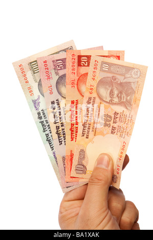 Geld männliche Hand, die Handvoll indische Währung Stockfoto