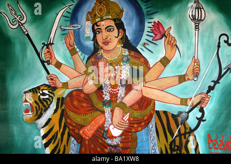 Farbenfrohe Gemälde der Hindu-Göttin Durga reitet ein Tiger Stockfoto