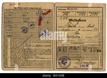 Personen, Arbeit / Arbeiter, Arbeitsentlassung / Arbeitslosigkeit, Meldeausweis von Karl Rauch, Arbeitsamt München, ausgestellt am 2.9.1931, Stockfoto