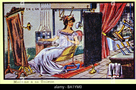 Zukunft, Vision "Im Jahr 2000", "Die Dame, die ihre Toilette macht", Farblithograph, Frankreich, 1910, Stockfoto