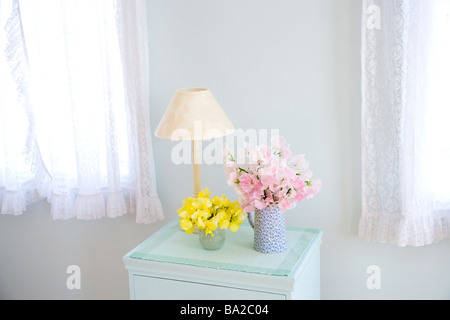 Lampe und Vase mit Blumen auf Sideboard im Zimmer Stockfoto