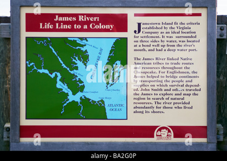 Ein Zeichen zur Veranschaulichung James River Life Line, eine Kolonie Jamestown Regelung Williamsburg Virginia Stockfoto
