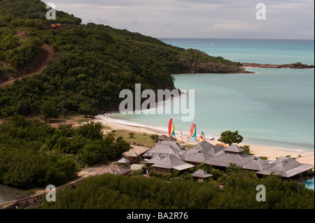 Blick vom Hermitage Bay Hotel Blick auf den Strand und restaurant Stockfoto