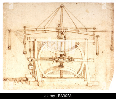 Militär-Maschinerie zu Steinen Katapult von Leonardo da Vinci 1485 Feder und Tinte Stockfoto