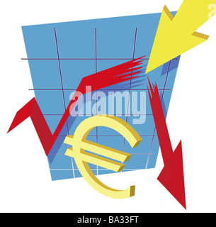 Abbildung Euro-Zeichen Waage-Kurve roter Pfeil Symbol Börsencrash Serie Aktien Teilen Preise Kurs-Entwicklung Kurs Chart Stockfoto