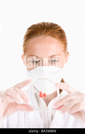 Wissenschaftlerin suchen Petrischale mit roten Tropfen Stockfoto