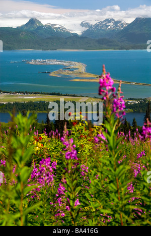 Malerische Aussicht mit Blick auf den Homer Spit, Kachemak Bay und die Berge von Kenai, Alaska Stockfoto