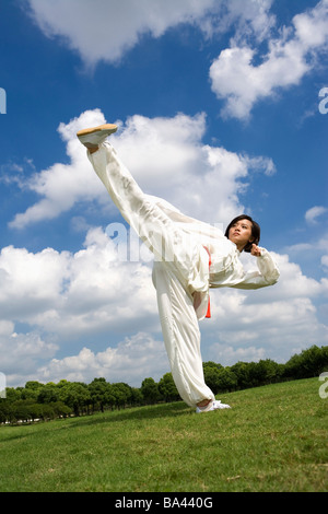 Junge Frau, die Durchführung von Martial-Arts-kick Stockfoto
