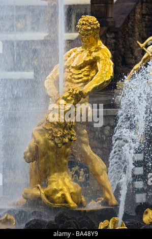 Samson und der Löwe durch die große Kaskade. Peterhof-Palast, Peterhof, Russland. Stockfoto