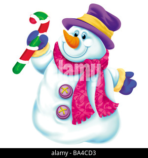 Schneemann mit Mütze und Schal hält eine Zuckerstange Stockfoto