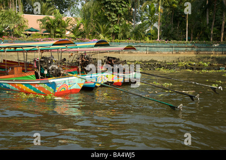 Drei lange Tailboot-Boote liegen auf dem Chao Phraya Fluss Bangkok Stockfoto