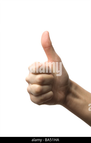 Hand mit Daumen hoch Geste vor einem weißen Hintergrund Stockfoto
