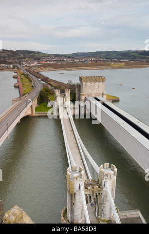 Wales Conwy drei Brücken über die Bucht Stockfoto