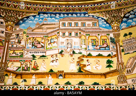 Farbenfrohe Gemälde an Innenwand, Bhandasar Jain-Tempel, Bikaner, Rajasthan, Indien Stockfoto