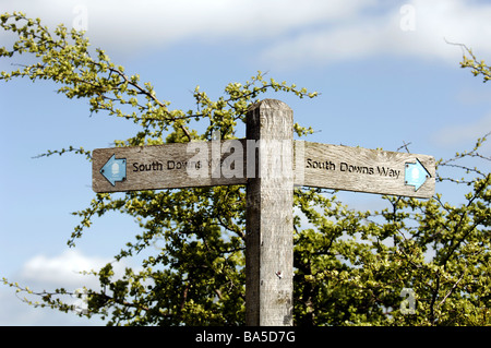 Ein Zeichen für den South Downs Way bei Ditchling Beacon ist jetzt Teil von einem Nationalpark-April Stockfoto