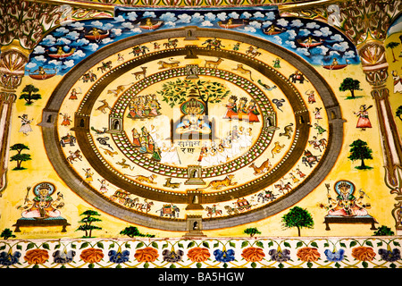 Farbenfrohe Gemälde an Innenwand, Bhandasar Jain-Tempel, Bikaner, Rajasthan, Indien Stockfoto